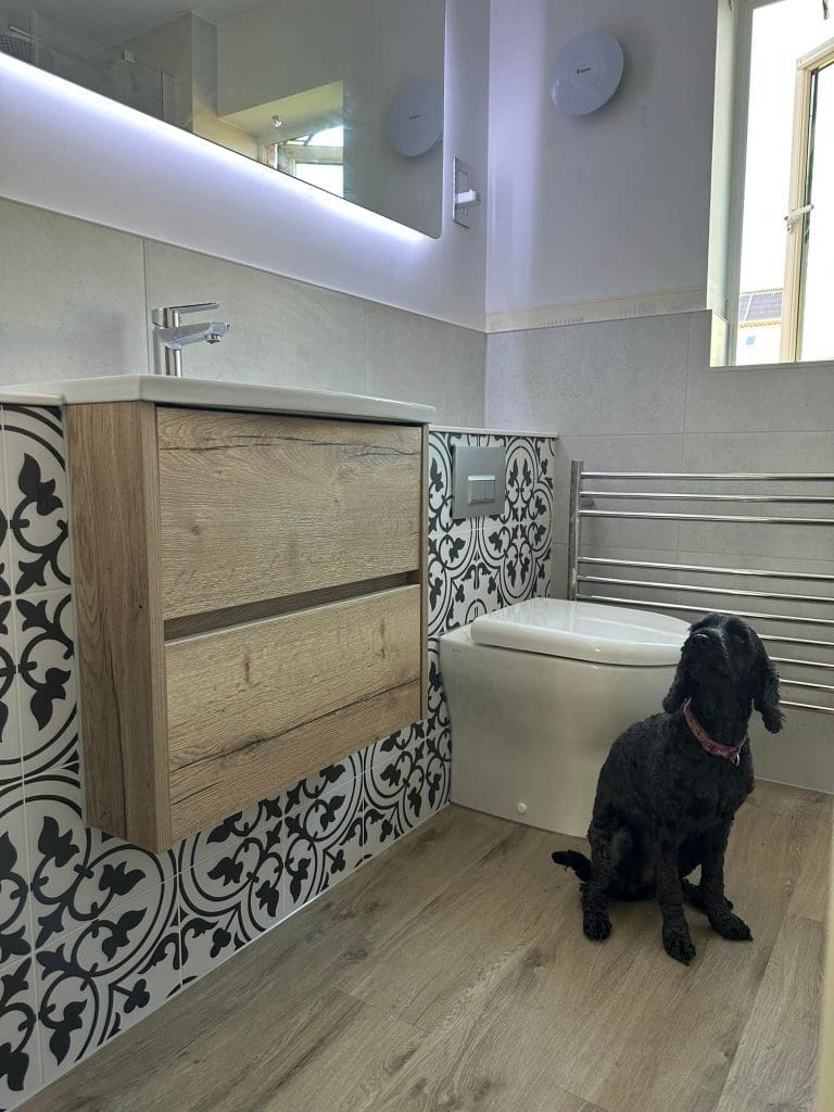 A modern luxury bathroom features a wooden floating vanity, patterned tile wall, and sleek white toilet. A black dog with a red collar sits on the wooden floor, gazing up. Beside the toilet, a heated towel rail adds comfort to this exquisite bathroom design.