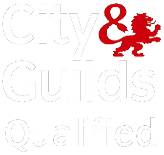 The image showcases the words "City & Guilds Qualified" accompanied by a red lion symbol and ampersand. The bold text underscores expertise in luxury bathroom design, emphasizing top-tier qualifications and craftsmanship.