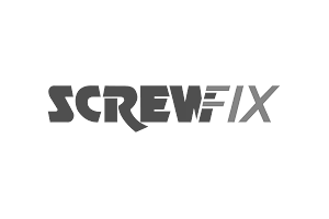 Black and white logo of "Screwfix" with stylized letters perfectly complements luxury bathrooms. The font is bold and modern, with the "R" elegantly extended downward, echoing innovative bathroom design.