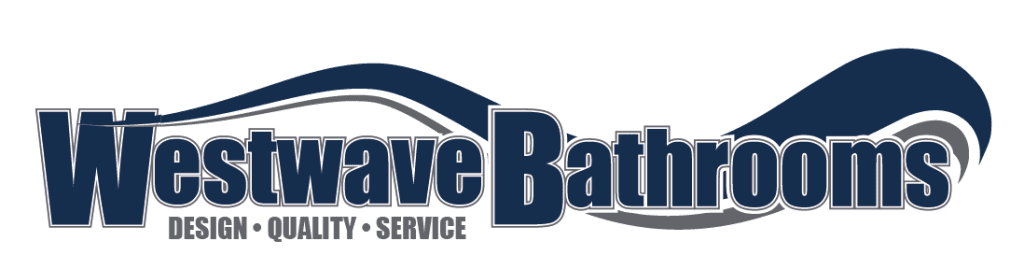 Logo for Westwave Bathrooms featuring stylized text with a wave design in blue. Below are the words "Design • Quality • Service," echoing our commitment to luxury bathrooms and exquisite bathroom design.