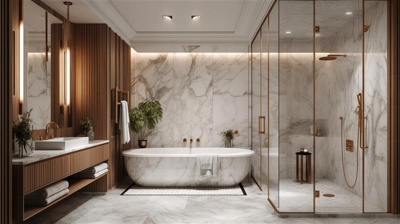 Luxurious bathroom design with marble walls and floors, a freestanding bathtub, and a glass-enclosed shower. Warm wooden accents and gold fixtures complement the modern decor. A large mirror and potted plant add elegance to this carefully crafted luxury bathroom space.