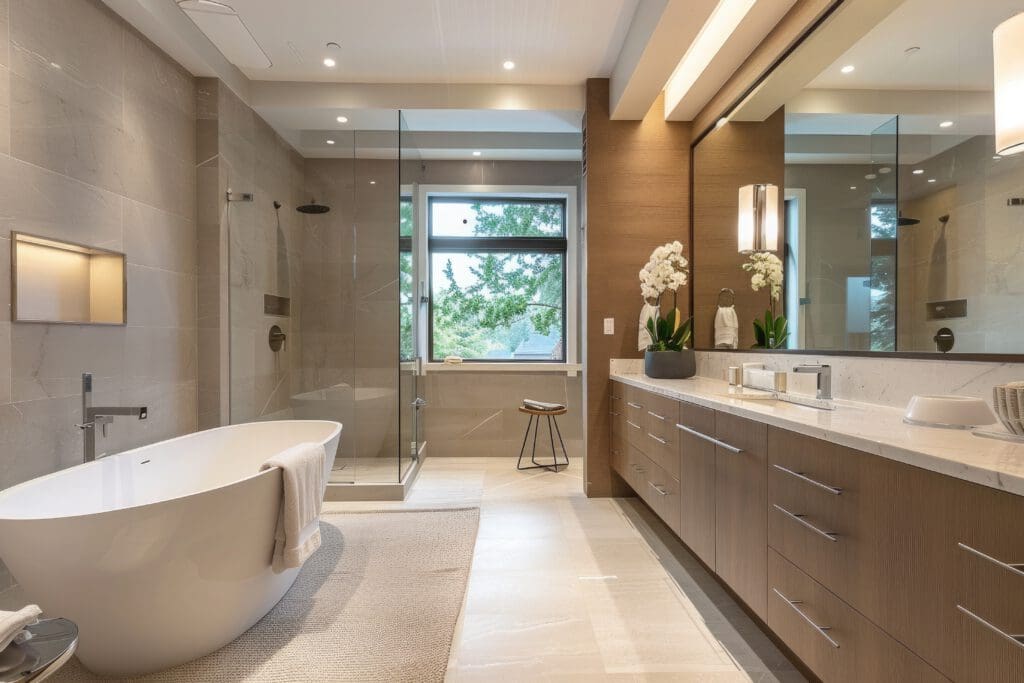Modern bathroom design features a freestanding white bathtub, glass-enclosed shower, and a large window. A wooden vanity with a marble countertop stretches along one wall, adorned with a mirror and potted orchids. Neutral tones create a clean, elegant look, epitomizing luxury bathrooms.