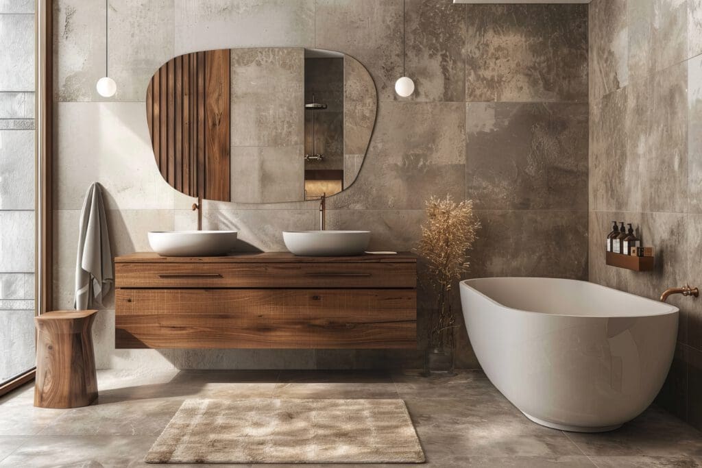 A modern luxury bathroom features a freestanding bathtub, dual sinks on a wooden vanity, and a large mirror. The design showcases earthy tones and textured tiles. With hanging pendant lights and a small wooden stool, this exquisite bathroom installation exudes contemporary charm.